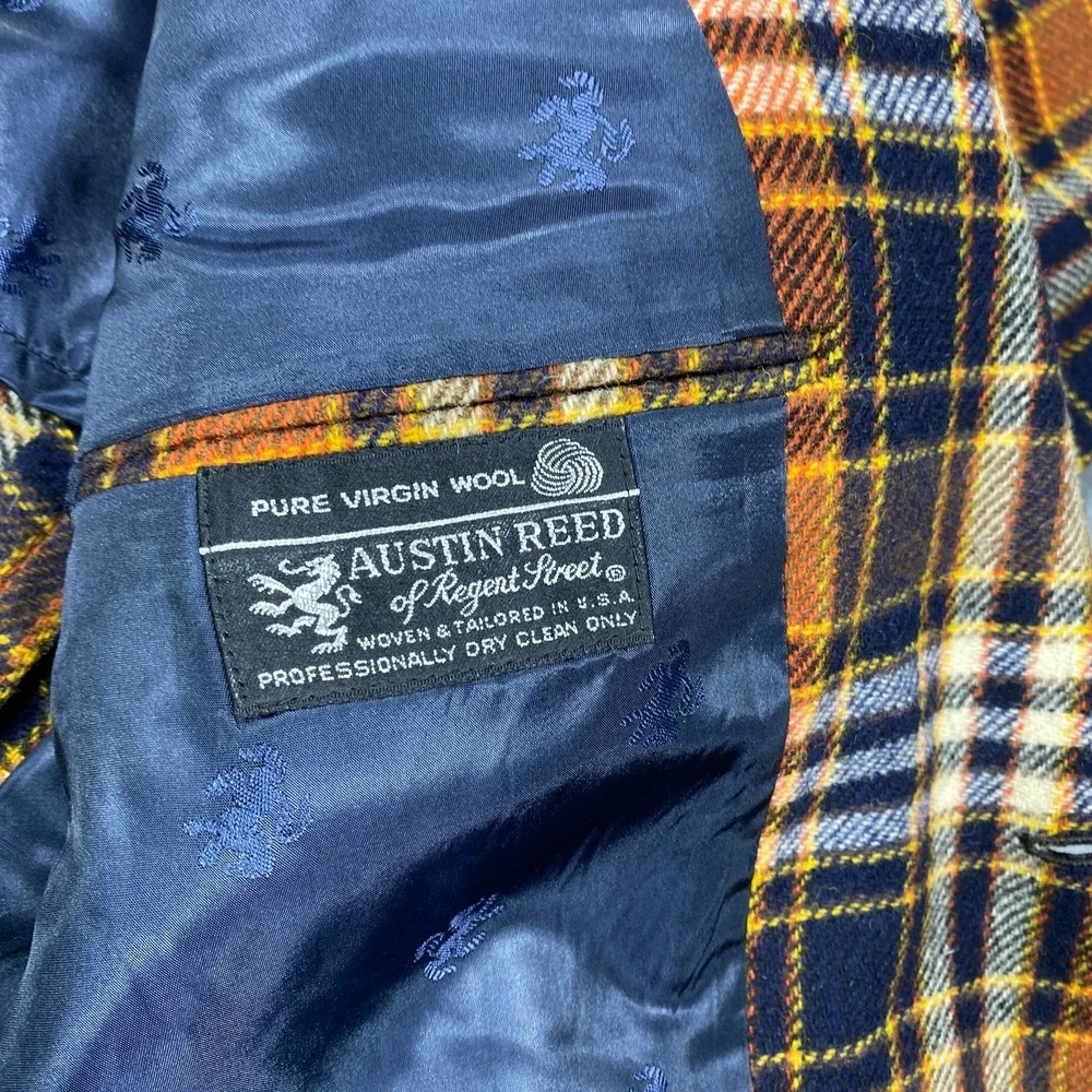 Vintage Austin Reed Blazer Sport Coat Jacket Mens 42L Orange Blue Plaid 60s 70s